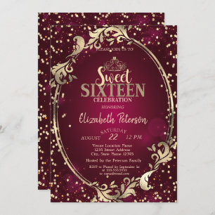 Gold Frame Tiara,Diamonds Burgundy Sweet 16 Party Invitation