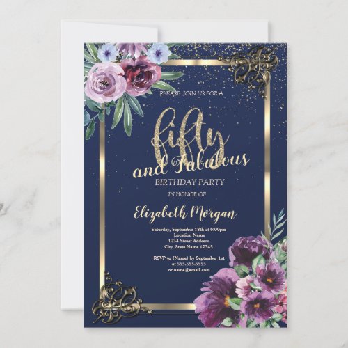 Gold Frame Violet Flowers Blue 50th Birthday  Invitation