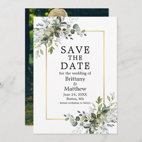 Gold Frame Watercolor Botanical Greenery Photo Save The Date