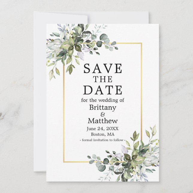 Gold Frame Watercolor Botanical Greenery Save The Date (Front)