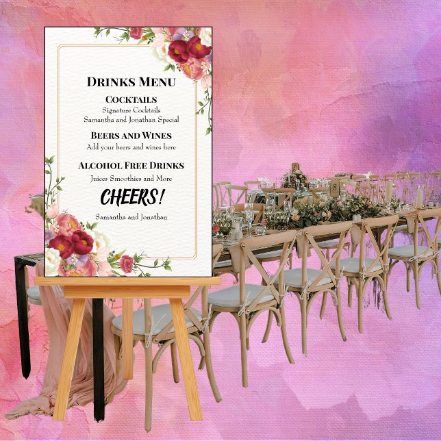 Gold Frame Watercolor Flower wedding drinks menu Foam Board (Creator Uploaded)