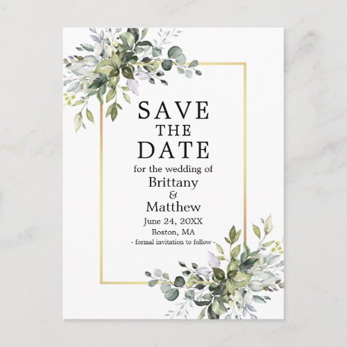 Gold Frame Watercolor Greenery Save The Date Postcard
