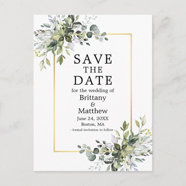 Gold Frame Watercolor Greenery Save The Date Postcard (Front)