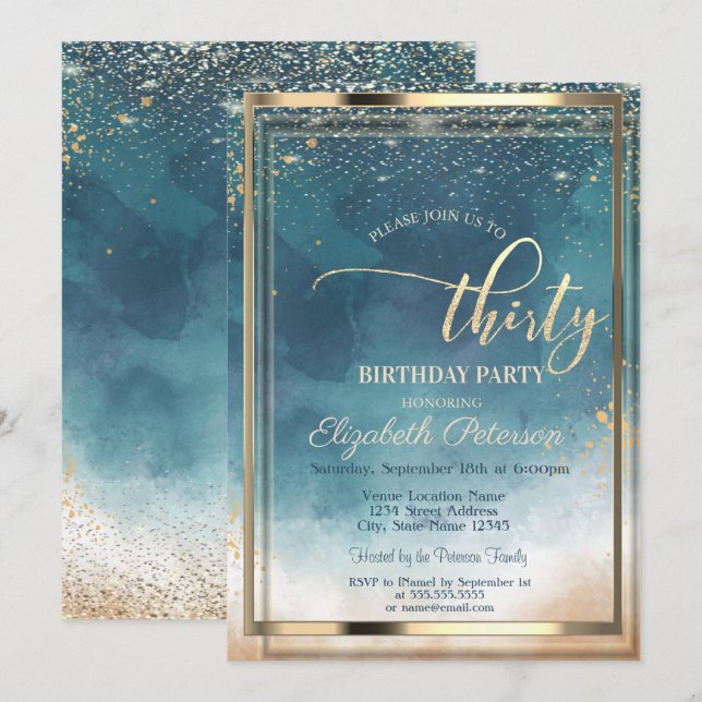 Gold Frame Watercolor Splash 30th Birthday Party Invitation (Front/Back)