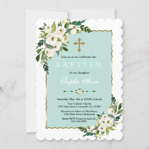 Gold Frame Watercolor White Bloom Floral Baptism Invitation