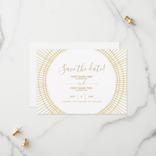 Gold frame white save the date card