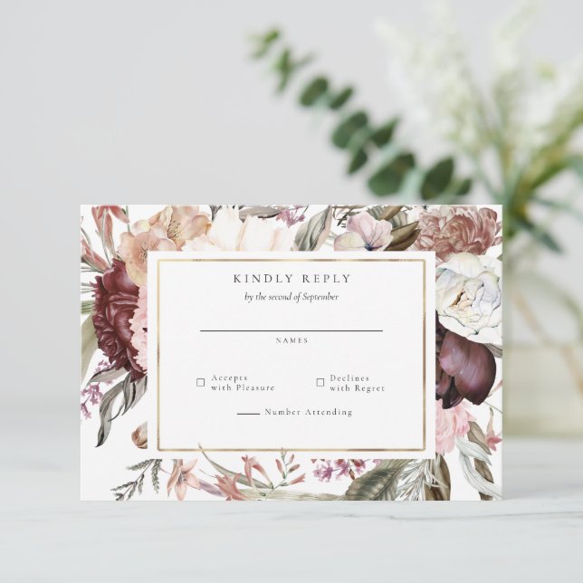 Gold Frame Wildflower Wedding RSVP Reply (Standing Front)