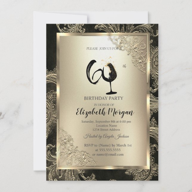 Gold Frame Wine Glass Floral Damask 60th Birthday  Invitation (Front)