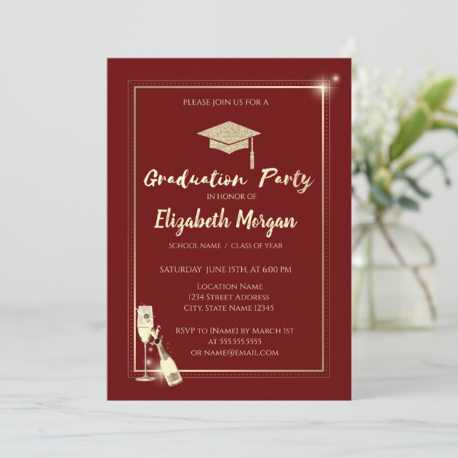 Gold Frame Wine Glitter Grad Cap Red Invitation (Standing Front)