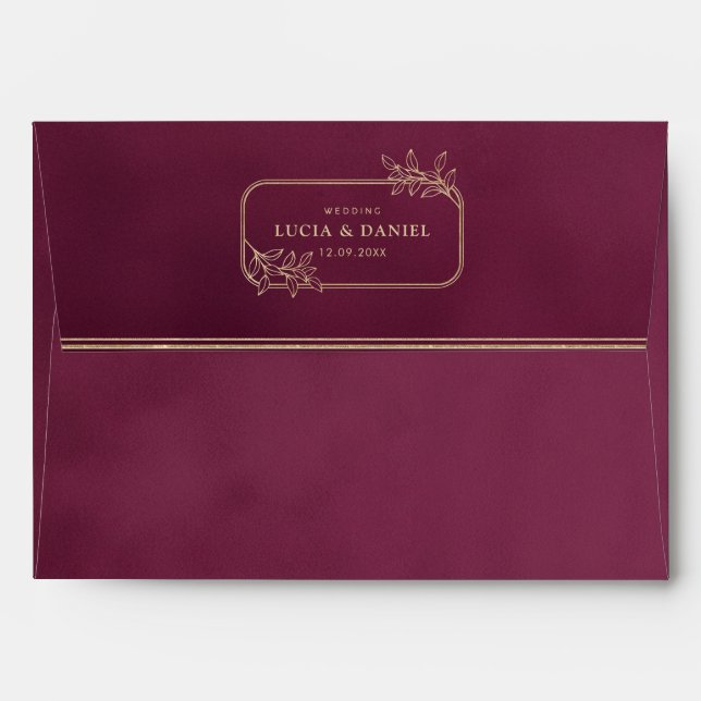 Gold Frame & Wine Velvet Texture Wedding Envelope (Back (Top Flap))