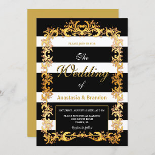 Gold Frame with Black & White Stripes Wedding Invitation
