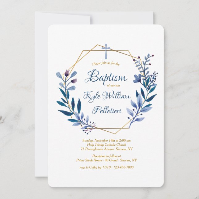 Gold Frame with Blue Branches Religious Invitation (Front)