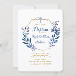 Gold Frame with Blue Branches Religious Invitation
