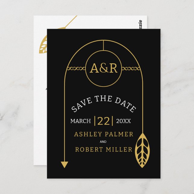 Gold frame with leaf and initials Save the Date Postcard (Front/Back)