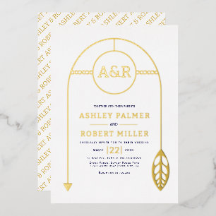 Gold frame with leaf and initials white wedding foil invitation