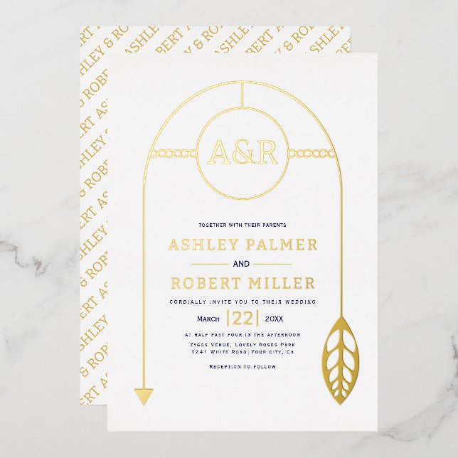 Gold frame with leaf and initials white wedding foil invitation (Front/Back)