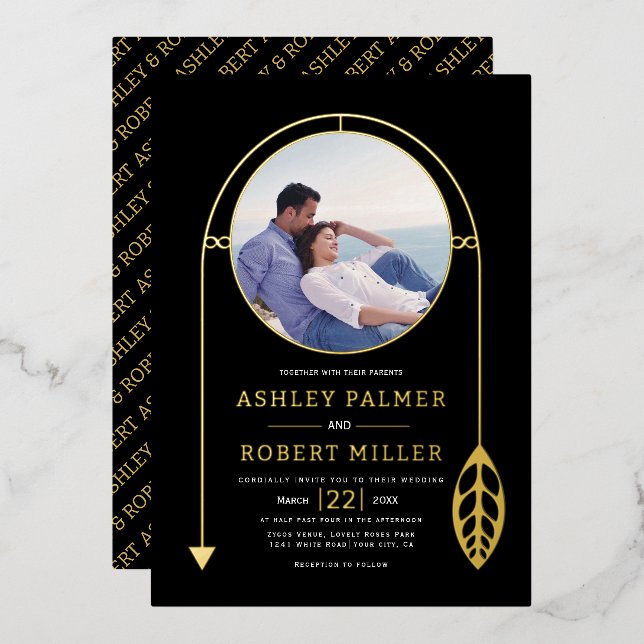 Gold frame with leaf and photo black foil invitation (Front/Back)