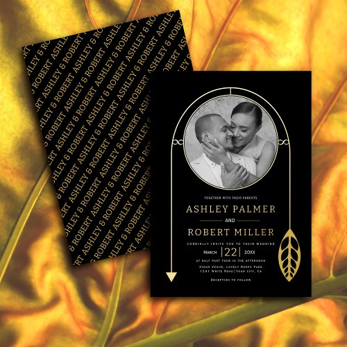 Gold frame with leaf and photo black wedding foil invitation