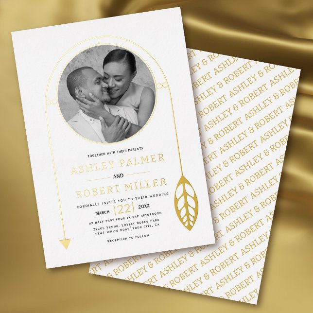 Gold frame with leaf and photo white wedding foil invitation (Creator Uploaded)