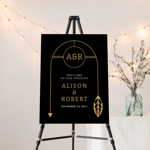 Gold frame with leaf initials black wedding foam board