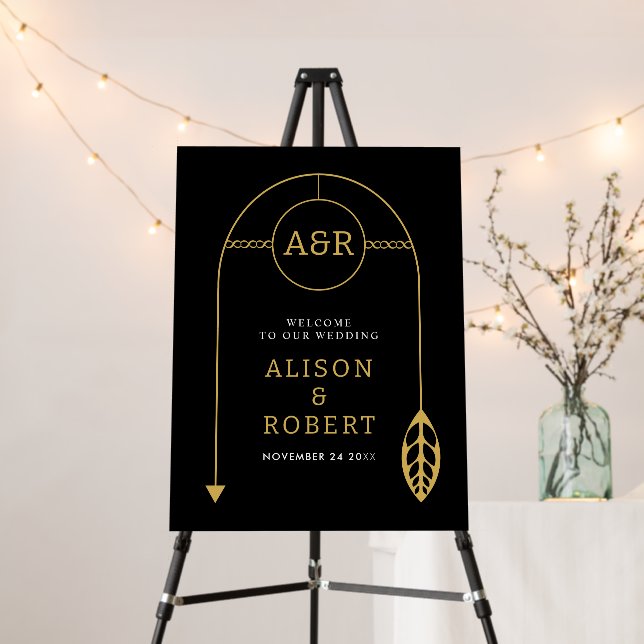 Gold frame with leaf, initials black wedding foam board (In Situ (Stand))