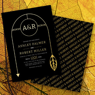 Gold frame with leaf, initials black wedding foil invitation