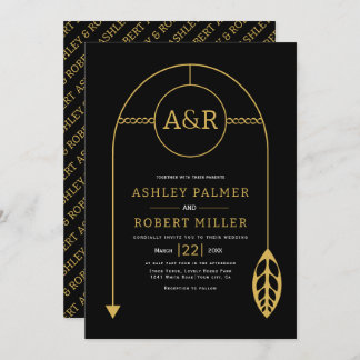 Gold frame with leaf, initials black wedding invitation