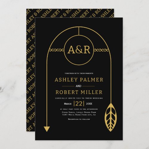 Gold frame with leaf initials black wedding invitation