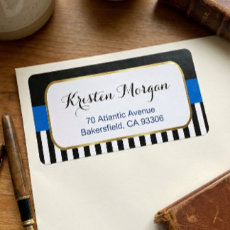 Gold Frame with Navy Blue Black White Stripes Label