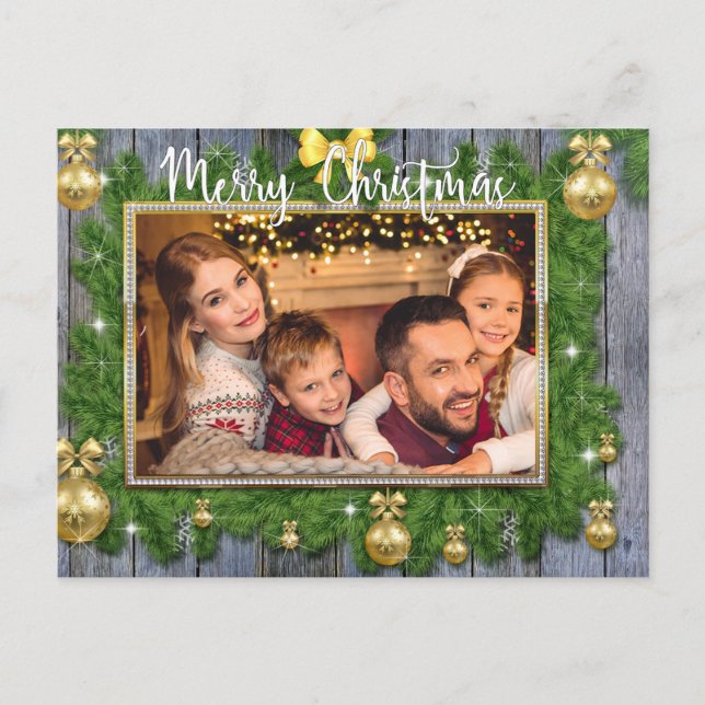 Gold Frame With Pine and Planks Christmas Photo Holiday Postcard (Front)