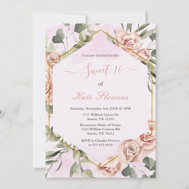 Gold frame with roses Quinceanera spanish Invitation (Front)