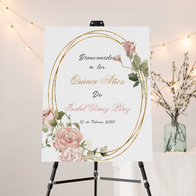 Gold frame with roses Quinceanera welcome sign  (In Situ (Stand))