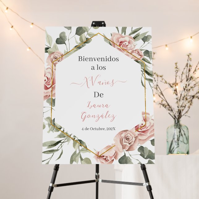 Gold frame with roses Quinceanera welcome sign  (In Situ (Stand))