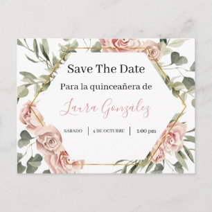 Gold frame with roses Save the Date quinceañera Invitation Postcard