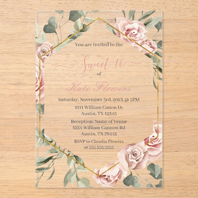 Gold frame with roses sweet 16 party acrylic invitations (Front)