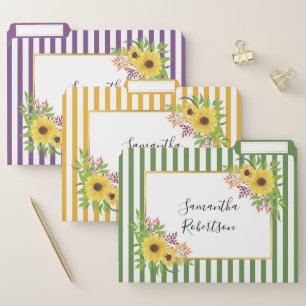 Gold frame with watercolor sunflowers and stripes file folder