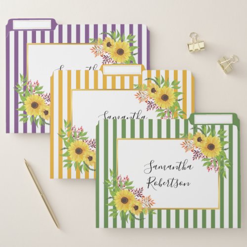 Gold frame with watercolor sunflowers and stripes file folder