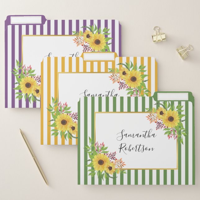 Gold frame with watercolor sunflowers and stripes file folder (Set)