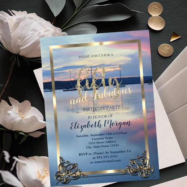 Gold Frame Yacht Sunset 50th Birthday Party  Invitation (Creator Uploaded)