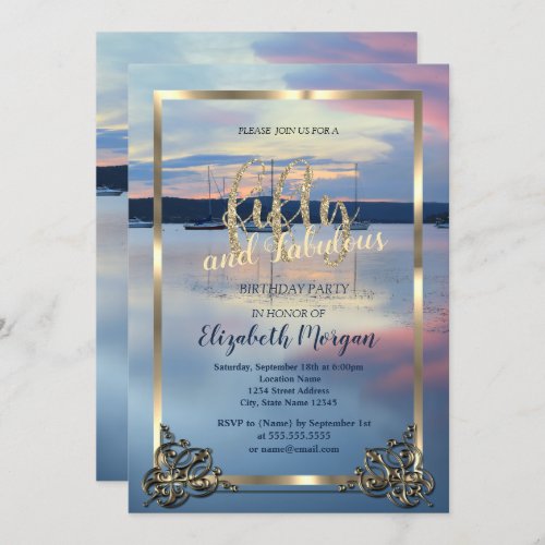 Gold Frame Yacht Sunset 50th Birthday Party  Invitation