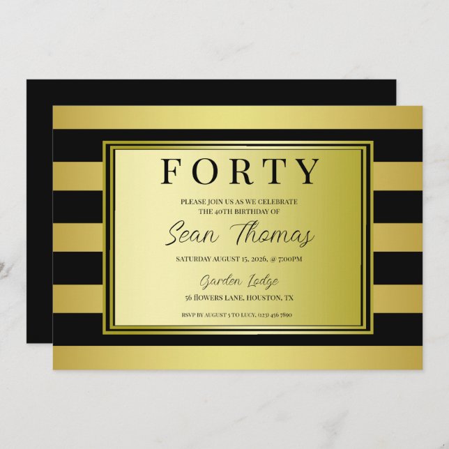 Gold Framed 40th Birthday Invitation (Front/Back)
