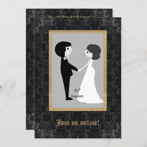 Gold Framed Black Damask Vintage Gothic Wedding Invitation