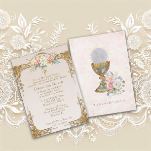 Gold framed Cross floral Holy Communion Invitation