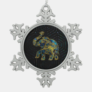 Gold Framed Elephant on Colorful Abalone decor Snowflake Pewter Christmas Ornament