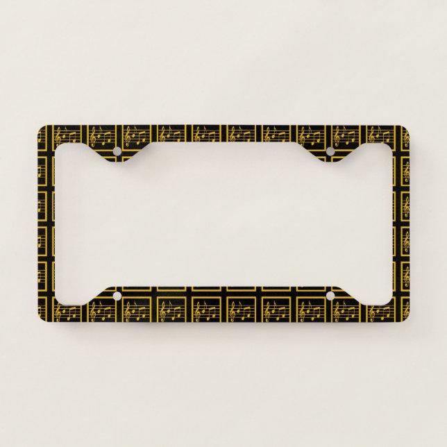 Gold Framed Musical Squares Black License Plate Frame (Front)