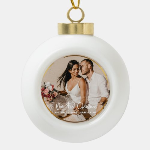 Gold Framed Our First Christmas Mr  Mrs Photo Ceramic Ball Christmas Ornament