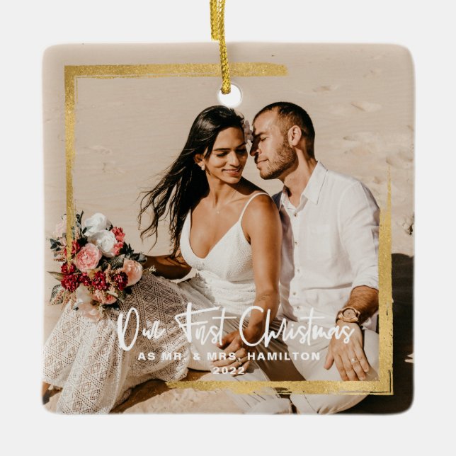 Gold Framed Our First Christmas Mr Mrs Photo  Ceramic Ornament (Front)