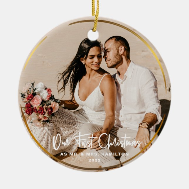 Gold Framed Our First Christmas Mr & Mrs Photo Ceramic Ornament (Front)