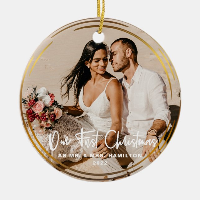 Gold Framed Our First Christmas Mr & Mrs Photo Ceramic Ornament (Front)