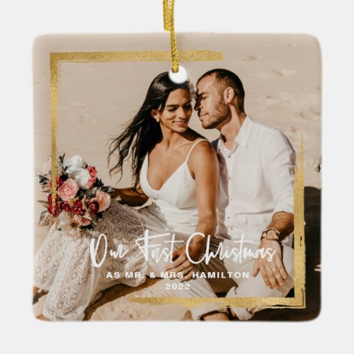 Gold Framed Our First Christmas Mr  Mrs Photo Ceramic Ornament